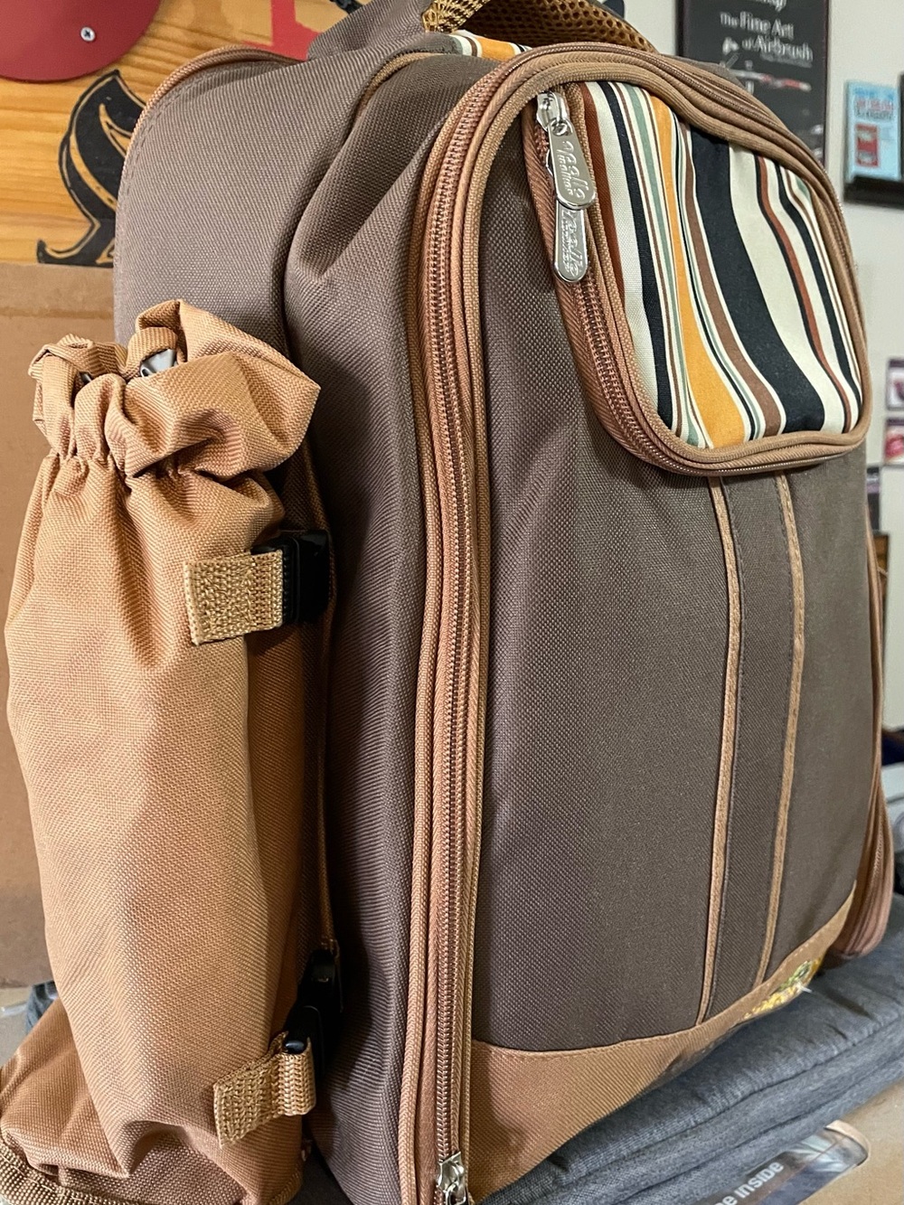 Apollo Walker Brown Insulated Picnic Backpack Set for 4 w/ Blanket Cooler Bag